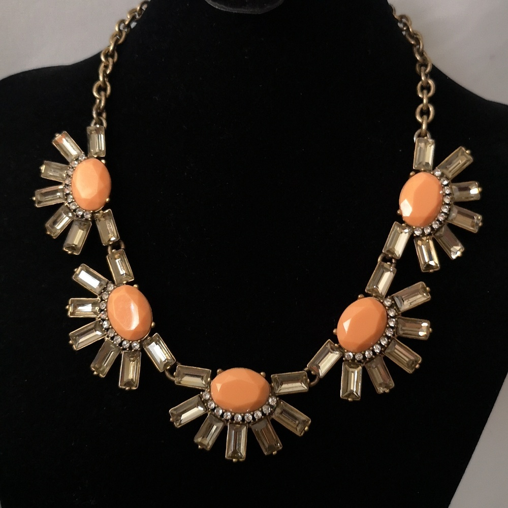 Vintage J Crew Statement Necklace Sunburst w Peach/Coral and Clear Rhinestones